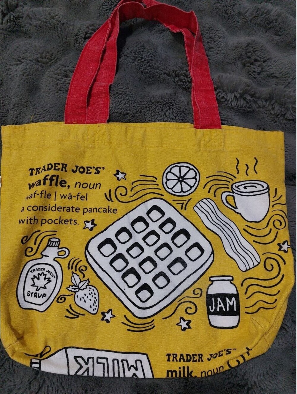 Trader Joes Reusable Canvas Tote Bag Hello Breakfast Waffles Bacon Toast Used